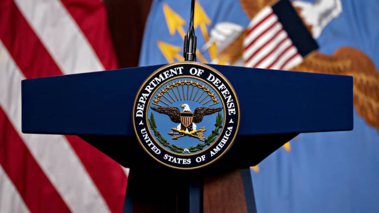 The U.S. Department of Defense (DOD) seal in the Pentagon Briefing Room in Arlington, Virginia., U.S.