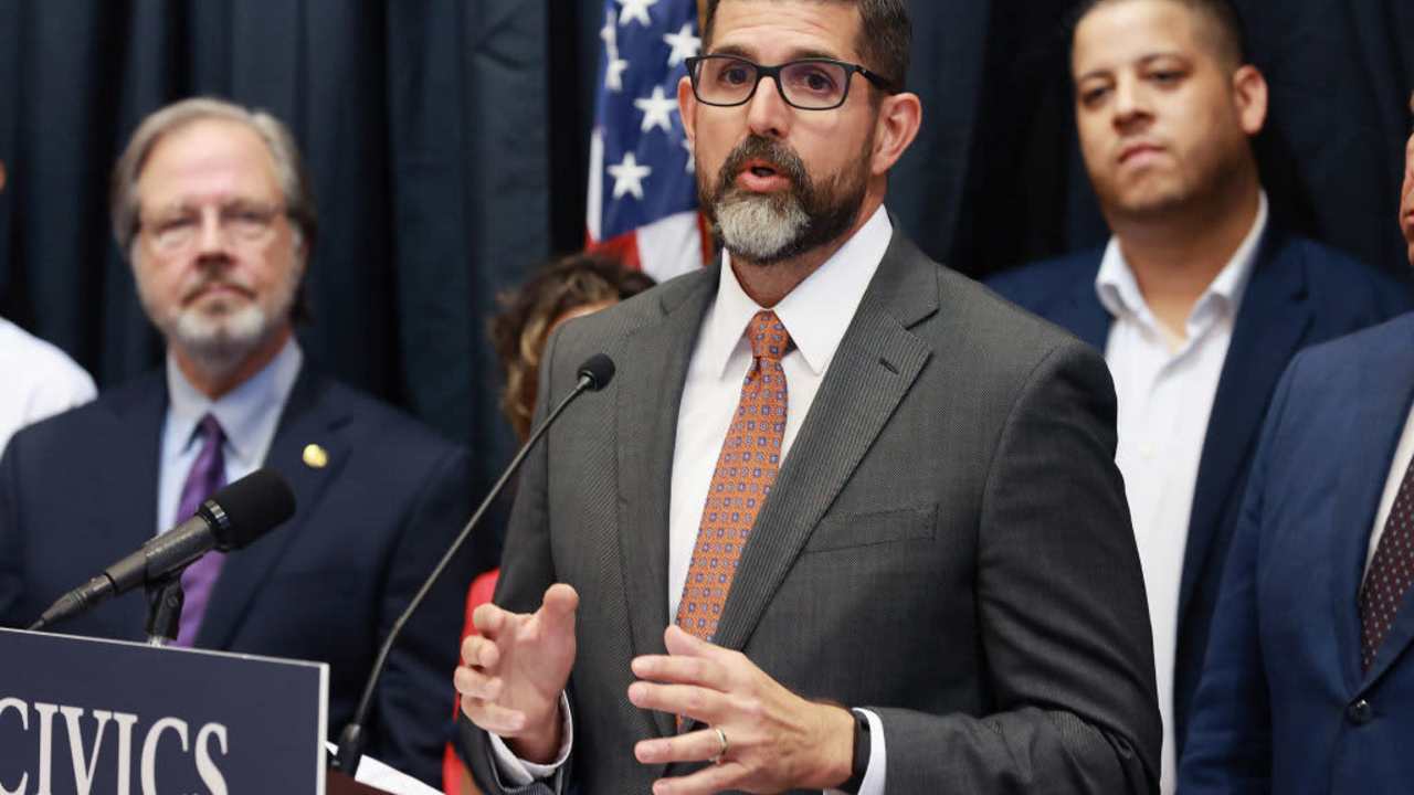 Florida education commissioner Manny Diaz Jr. speaks during a news conference at Crooms Academy of Information Technology on June 30, 2022, in Sanford, Florida.
