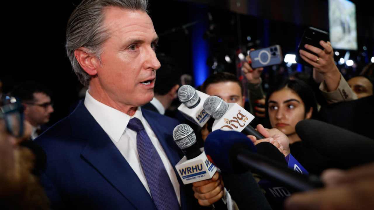 Governor of California Gavin Newsom speaks to reporters in the spin room following the presidential debate between former US President Donald Trump, and US Vice President Kamala Harris at The National Constitution Center on September 10, 2024 in Philadelphia, Pennsylvania.