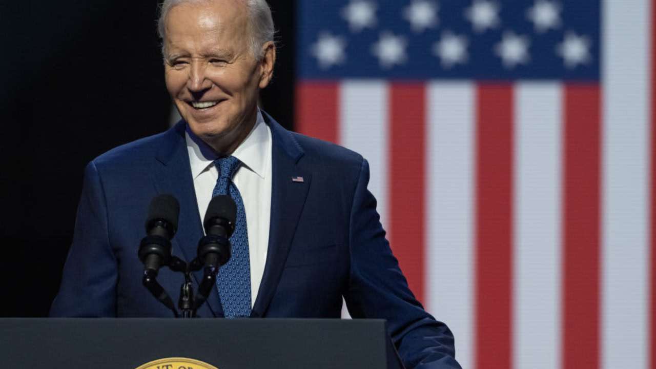US President Joe Biden speaking during an event honoring the legacy of Senator John McCain at the Tempe Center For The Arts in Tempe, Arizona, on September 28, 2023.