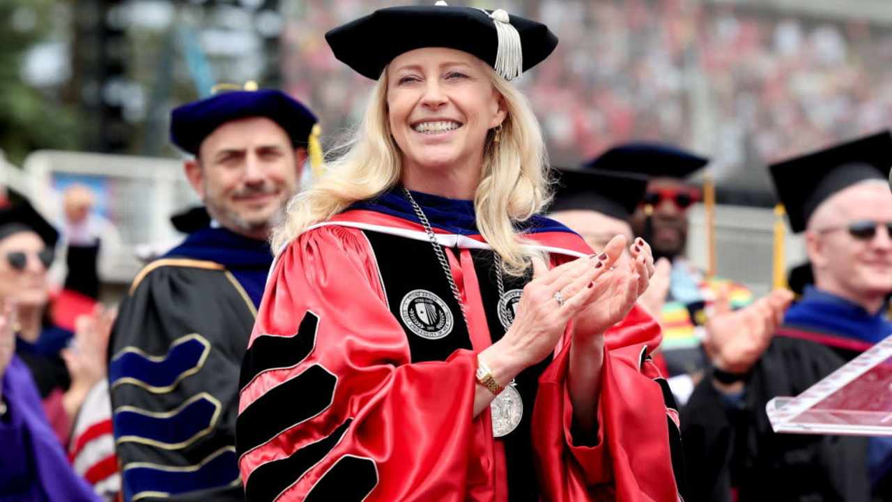 Stony Brook University president Maurie McInnis applauds the class of 2024 at commencement ceremonies held in Stony Brook, New York, on May 17, 2024. McInnis was selected to be Yale University's new president starting July, 1, 2024.