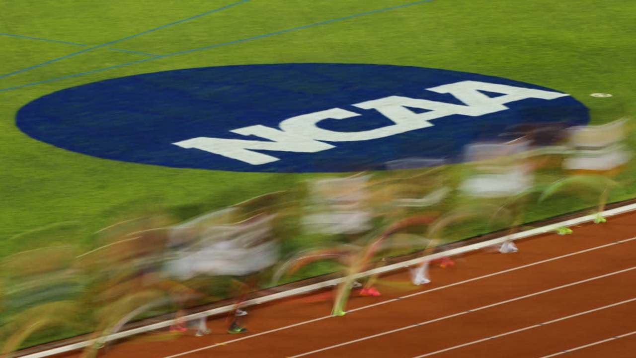 The NCAA Logo is shown as athletes competes in the men's 10000 meter run during the Division I Men's and Women's Outdoor Track & Field Championship on June 7, 2023 in Austin, Texas.