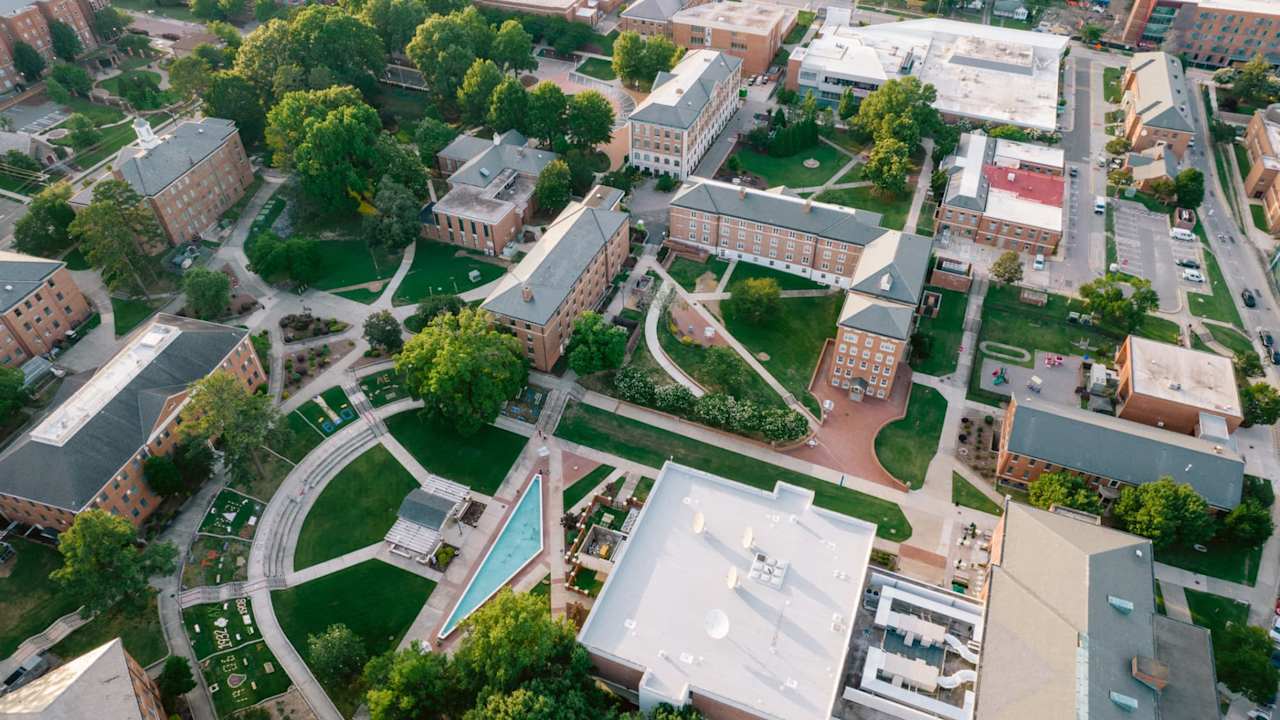 Aerial view of the North Carolina Central University campus in the spring.