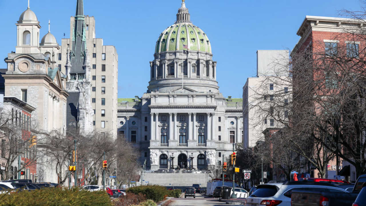Exterior of the Pennsylvania State Capitol building in downtown Harrisburg.