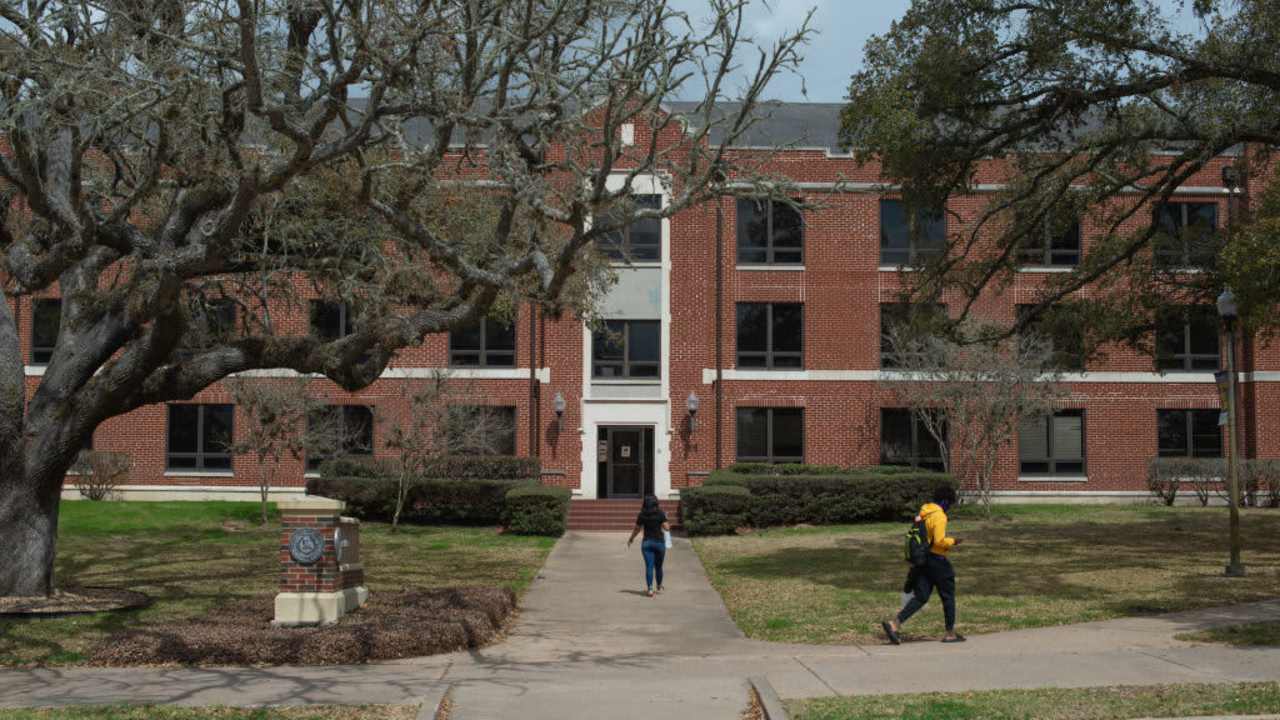 Students walk through the Prairie View A&M University campus in Prairie View, Texas.
