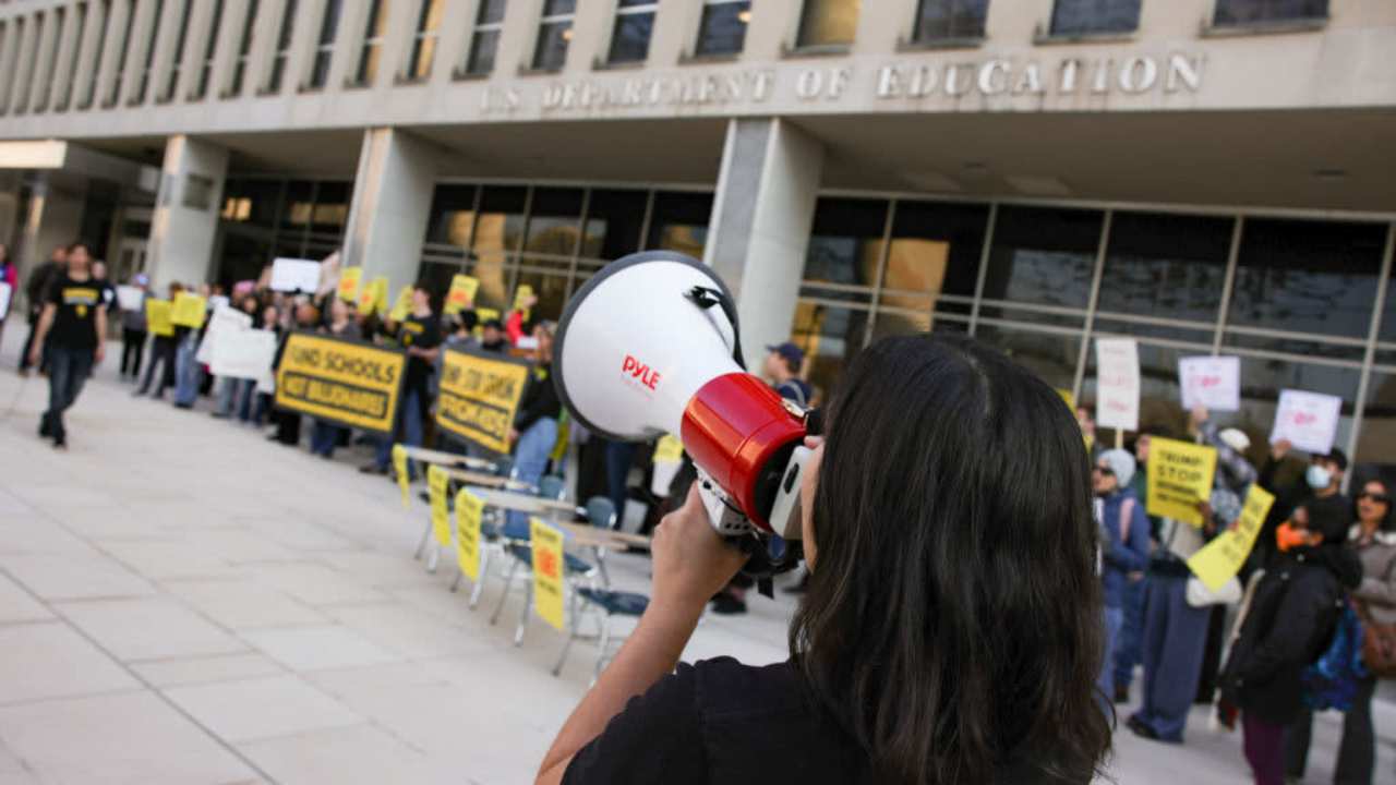 Demonstrators gather outside of the offices of the U.S. Department of Education in Washington, D.C. on March 13, 2025