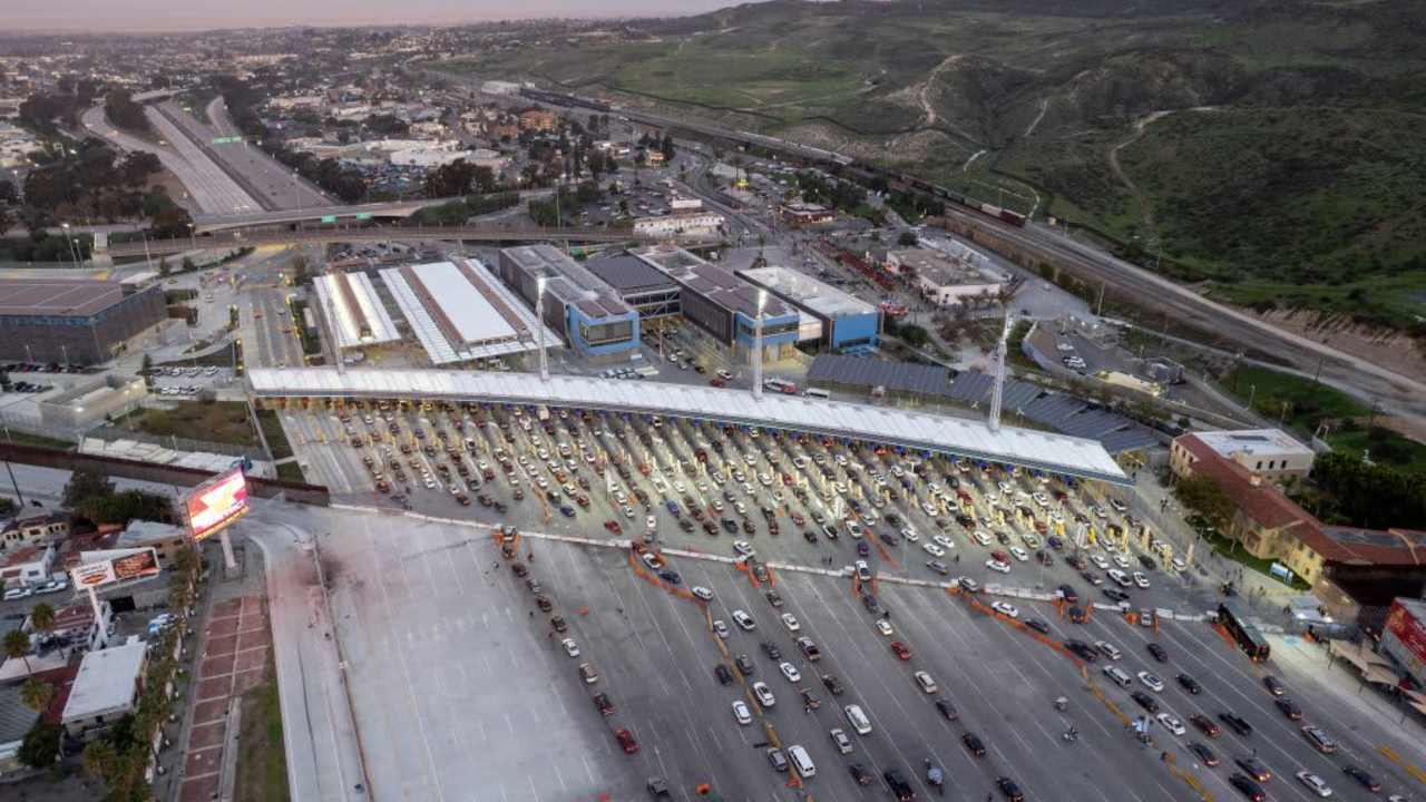 Aerial view of cars lining up at the San Ysidro border crossing at the US-Mexico border in Tijuana, Mexico, on January 9, 2023.