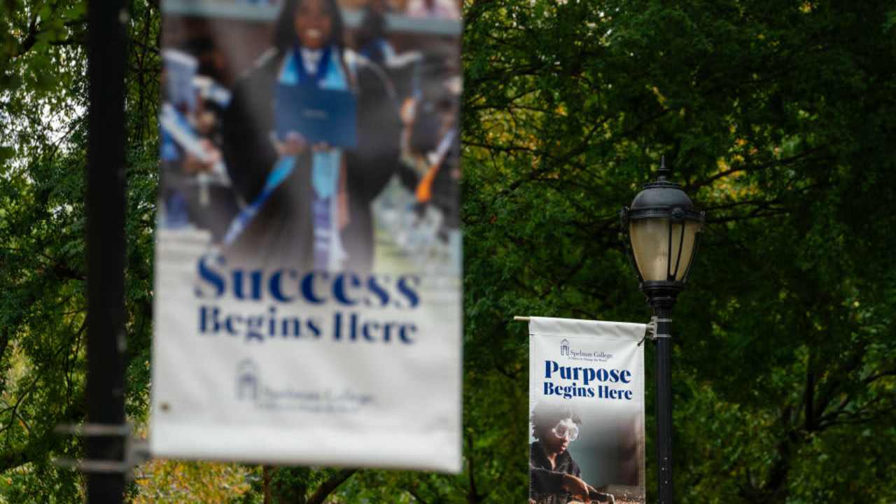 Promotional school program banners line the walkways at Spelman College in Atlanta, Georgia.