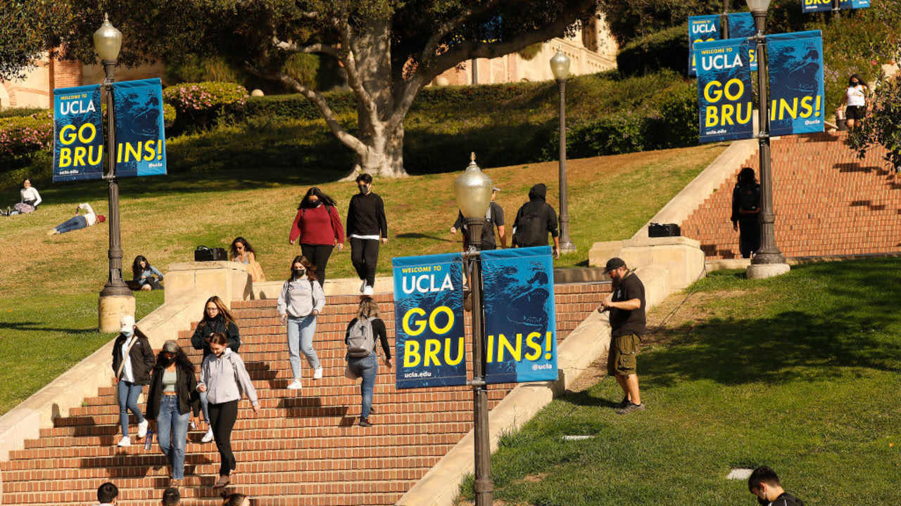 Students walking on the UCLA campus in Los Angeles, California.