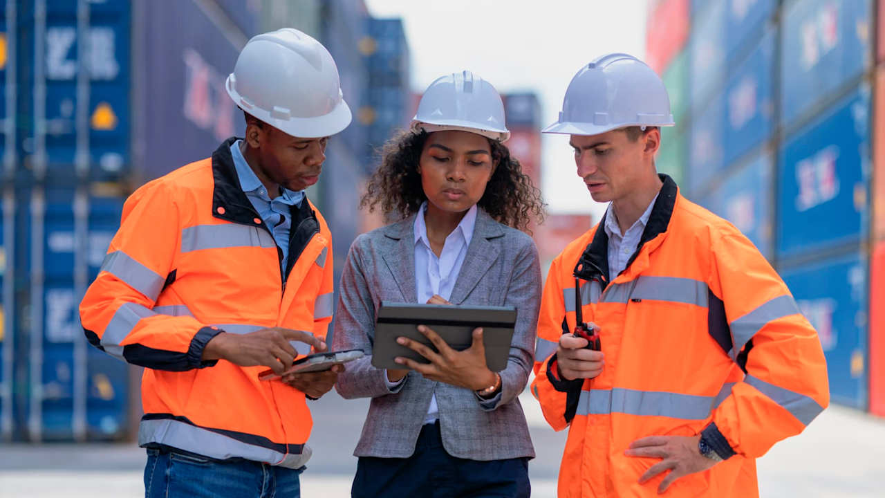 Logistic engineers and businesswomen are managed and confirm shipment on a digital tablet They are discussing the loading and unloading of cargo containers and trucks, including coordinating with crane operators at the cargo container yard.