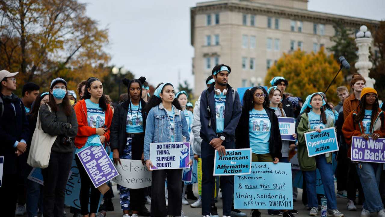 College students and supporters of affirmative action in higher education rally in front of the U.S. Supreme Court before oral arguments in the Students for Fair Admissions v. President and Fellows of Harvard College and Students for Fair Admissions v. University of North Carolina cases on October 31, 2022 in Washington, DC.