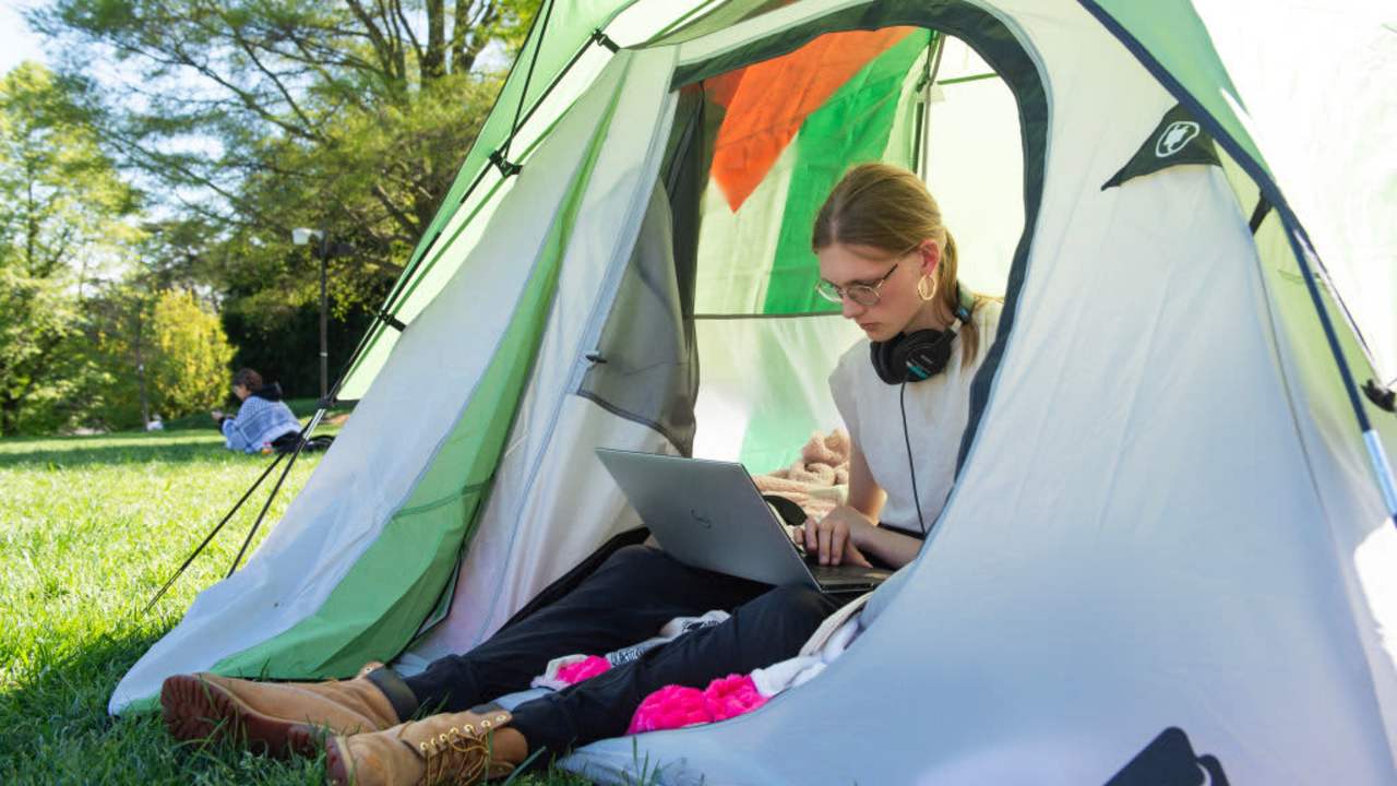 Demonstrators occupy a makeshift protest camp on Parish Beach at Swarthmore College on April 24, 2024 in Swarthmore, Pennsylvania. The encampment protesting Israel's treatment of Palestinians was erected by students in solidarity with similar encampments that sprung up at universities across the US in spring of 2024.