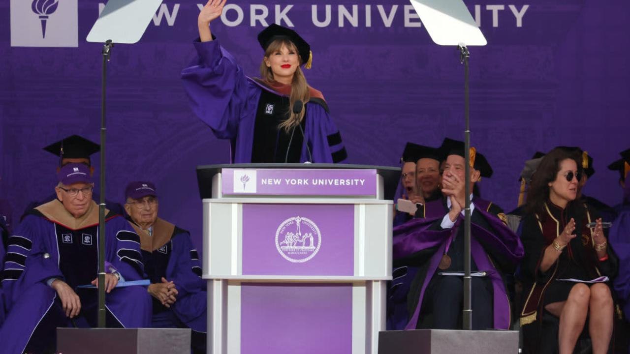 Taylor Swift delivering her New York University 2022 Commencement Address at Yankee Stadium on May 18, 2022 in New York City.