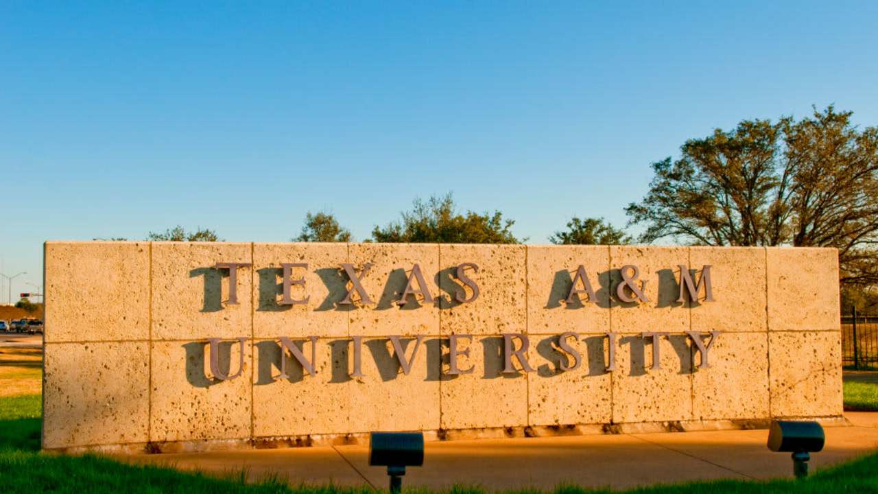 Entrance sign to the Texas A&M University campus in College Station, Texas.