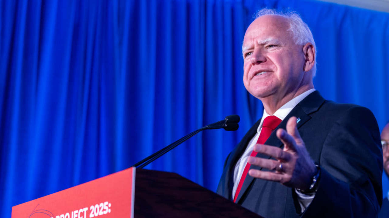 Minnesota Governor Tim Walz speaks at a Biden-Harris campaign event on July 17, 2024 in Milwaukee, Wisconsin. The press conference was held to address Project 2025 and Republican policies on abortion.