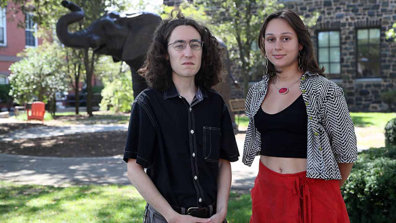 Resident Advisors David Whittingham and Anisha Uppal-Sullivan. They are striking at Tufts University on move-in day, August 29, 2023, because the university has failed to respond to their demands for compensation for several months.