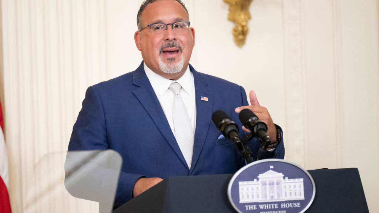 US Education Secretary Miguel Cardona speaks during a back-to-school K-12 Cybersecurity Summit in the East Room of the White House in Washington, DC, on August 8, 2023.