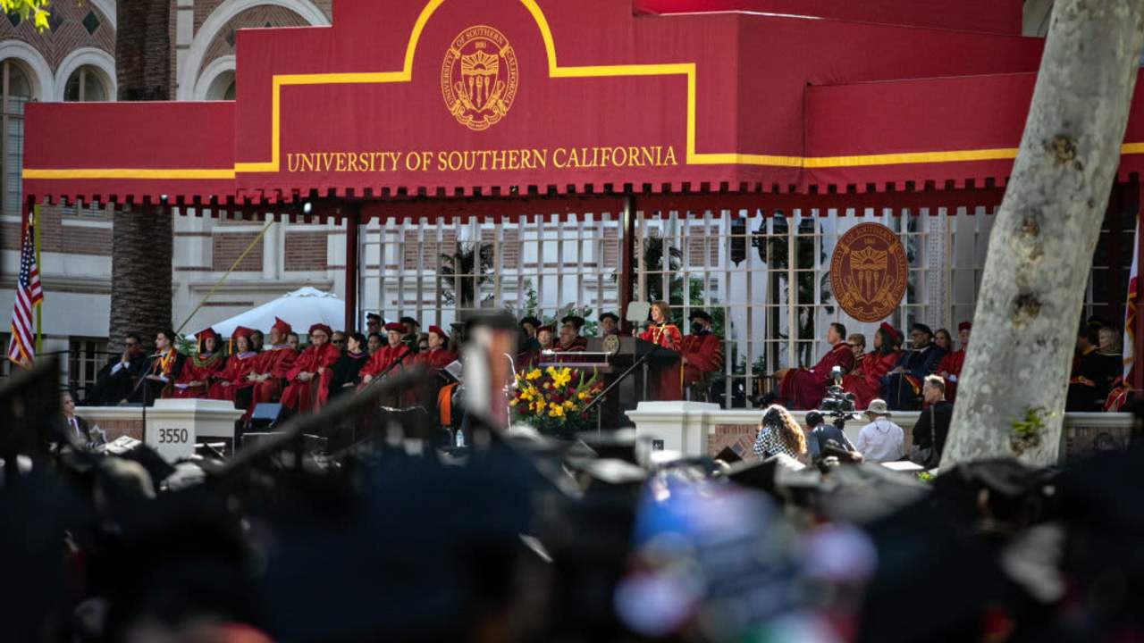 Dr. Carol L. Folt, president of the University of Southern California (USC), addresses graduates at the 2022 main commencement ceremony in Los Angeles, CA.