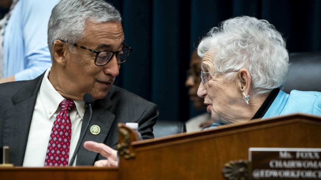 Representative Virginia Foxx, a Republican from North Carolina and chairwoman of the House Workforce and Education Committee, chats with Representative Bobby Scott, a Democrat from Virginia and ranking member of the House Workforce and Education Committee, during a hearing in Washington, DC, on December 5, 2023.