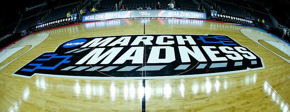 Empty arena and floor of the Dunkin Donuts Center in Providence, Rhode Island, prior to the start of a March Madness basketball game.