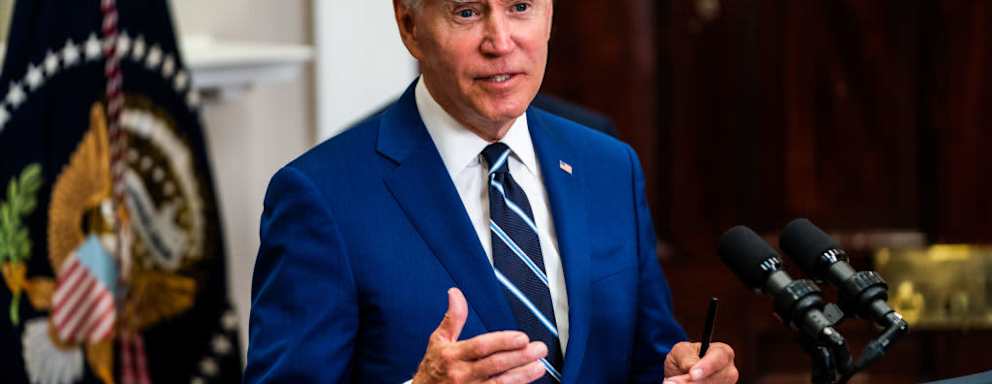 US President Joe Biden speaking in the Roosevelt Room of the White House. His proposed changes would formally extend protections to LGBTQ+ college students under Title IX.