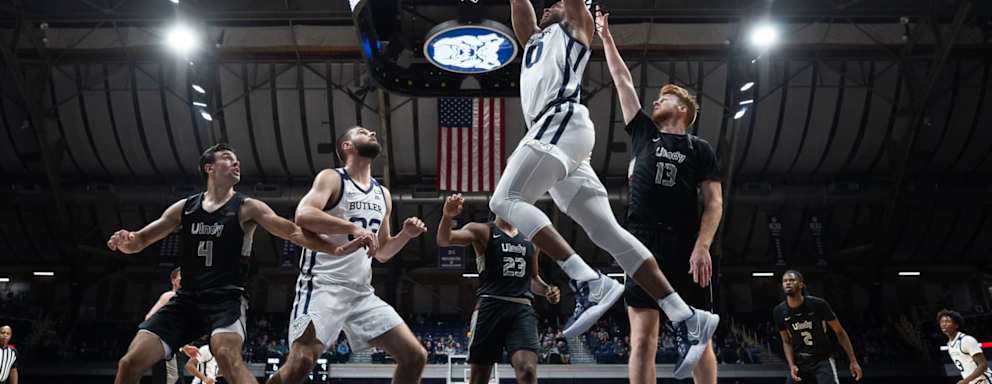 Butler Bulldogs forward Bryce Nze (10) scores inside during the mens college basketball game between the Butler Bulldogs and University of Indianapolis Greyhounds
