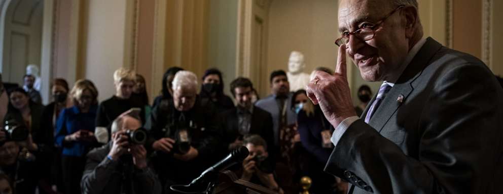 Senate Majority Leader Chuck Schumer, a Democrat from New York, speaks during a news conference following the weekly Democratic caucus luncheon at the U.S. Capitol