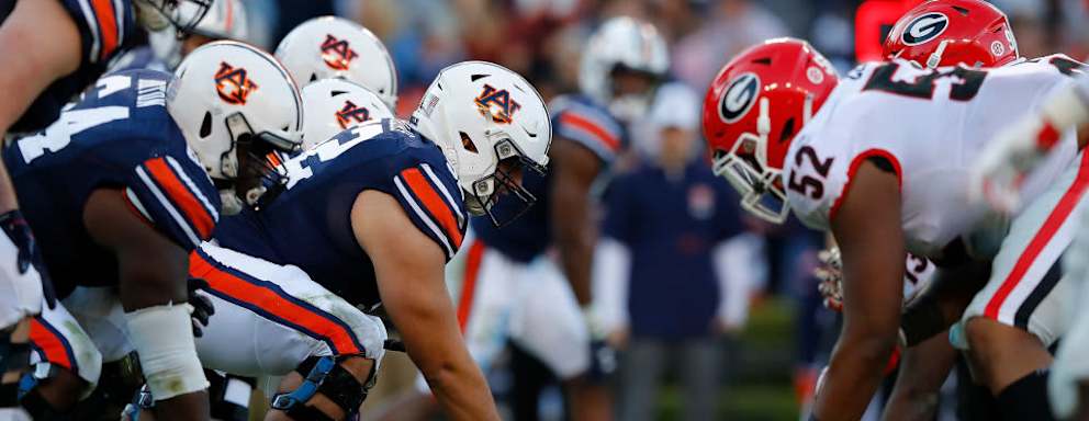 AUBURN, ALABAMA - NOVEMBER 16: The Auburn Tigers offense lines up against the Georgia Bulldogs at Jordan-Hare Stadium on November 16, 2019 in Auburn, Alabama.