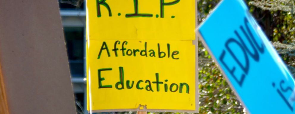 Students protest rising college costs on a college campus.