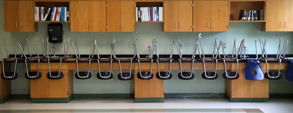 Empty classroom with chairs stacked upside down on desks.