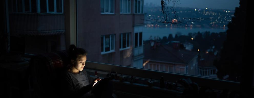 Young woman looking at her screen in front of window