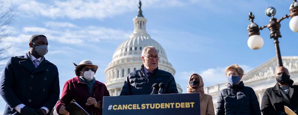 Senate Majority Leader Chuck Schumer (D-NY) speaks during a press conference about student debt outside the U.S. Capitol