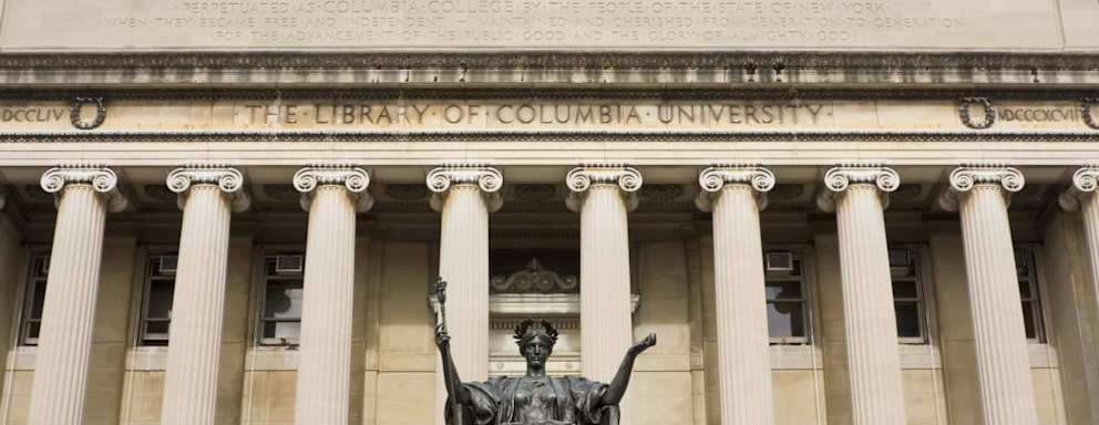Outdoor photo of the front of a building at Columbia University New York City