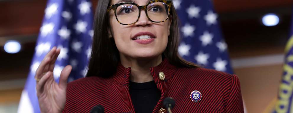 U.S. Rep. Alexandria Ocasio-Cortez (D-NY) speaks on banning stock trades for members of Congress at news conference on Capitol Hill
