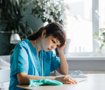 Stressed nurse sitting at desk