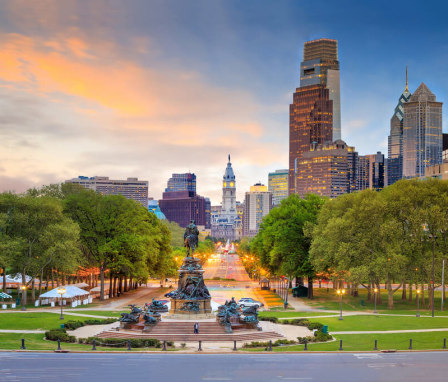 City view from Benjamin Franklin Parkway in Philadelphia, Pennsylvania, at sunset