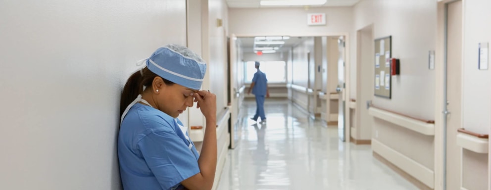 A stressed female nurse leans against a wall in a hospital hallway. Her right hand is pressed against her forehead temple, and her eyes are closed.