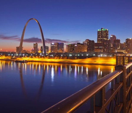 The Gateway Arch in downtown St. Louis, Missouri, at sunset