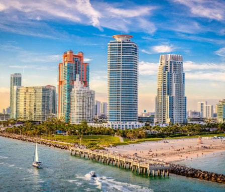 Skyline of South Pointe Park in Miami Beach, Florida, at sunset