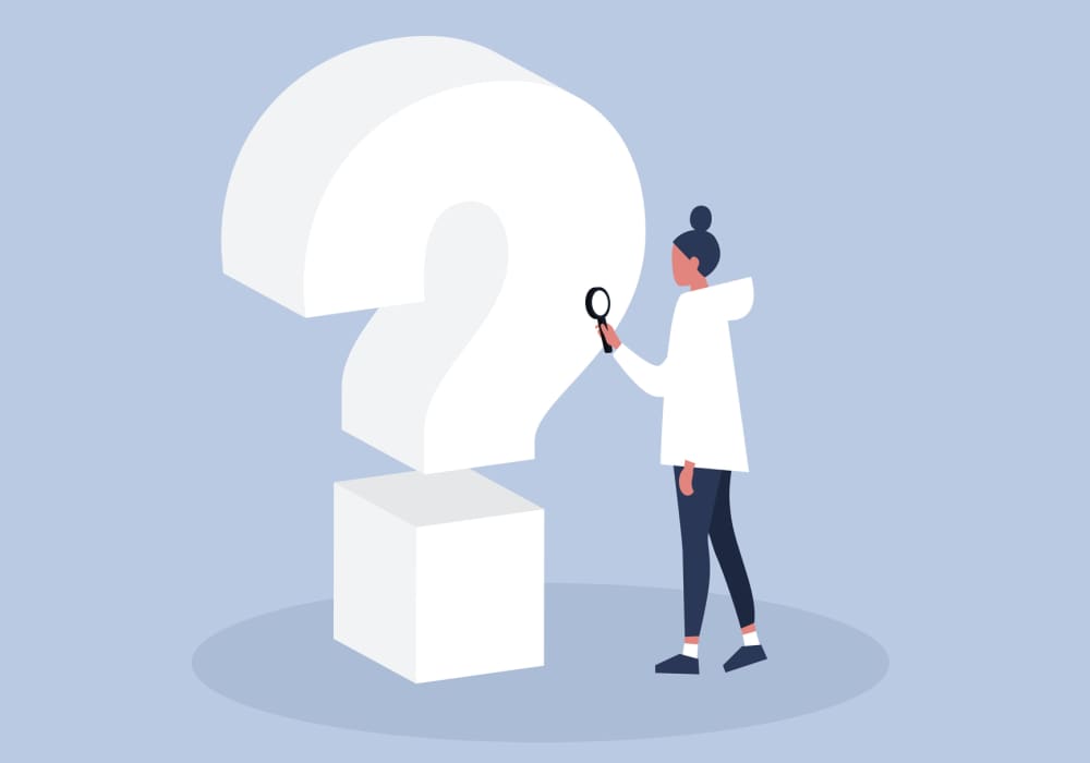 Illustration of a student holding a magnifying glass to a giant question mark