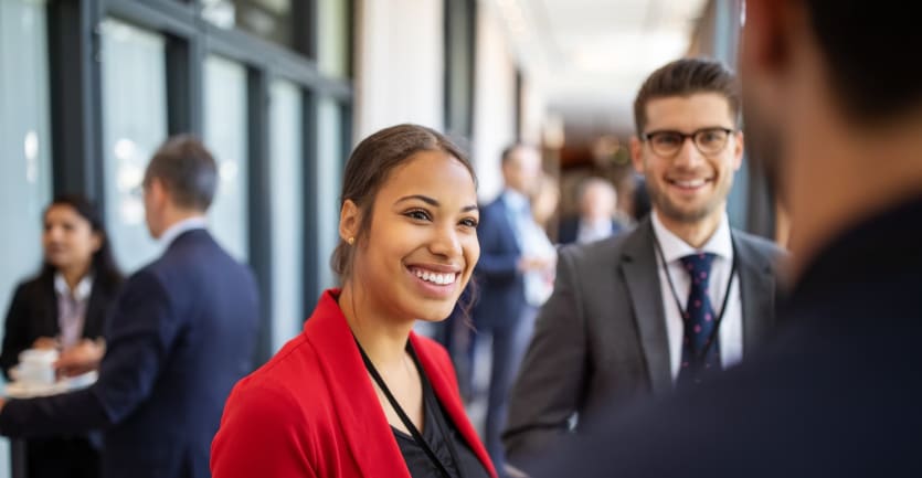 A young businesswoman in a red blazer smiles at a businessman at a professional networking event.