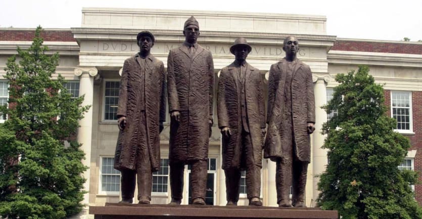 A statue at North Carolina A&T celebrating student activists who staged a sit-in at the Woolworth Company store in 1960.