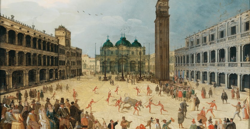 A 17th-century depiction of Carnevale at Piazza San Marco, Venice, by Sebastian Vrancx.