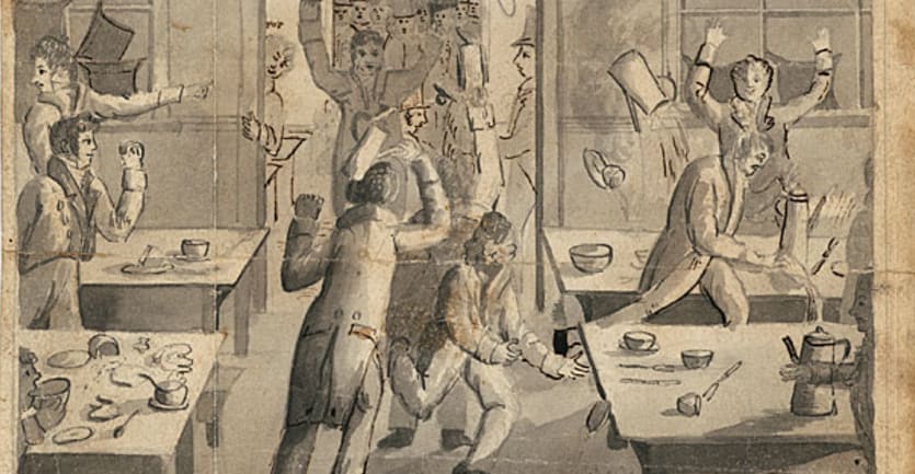 An illustration of Harvard students rioting over dining hall food in the 18th century.