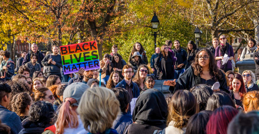 Students at New York University hold a rally in 2016.