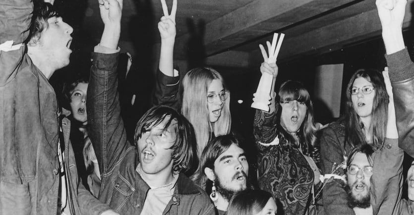 A group of students at North Carolina University stage a sit-in protest in 1970.