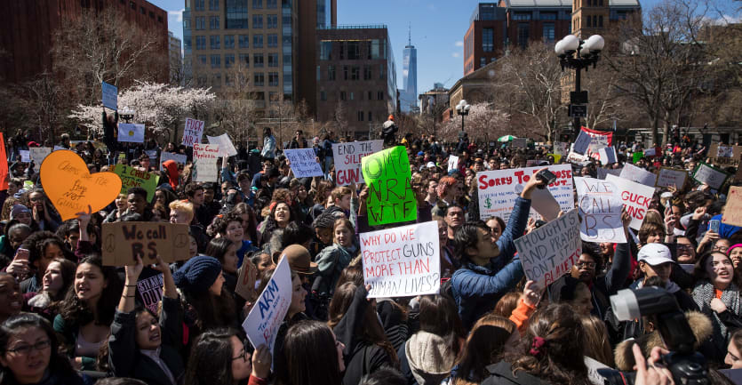 Students rallying against gun violence outside New York University in 2018.