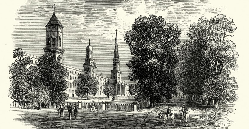 A handful of students explore the courtyard at Yale College in an old black and white illustration.