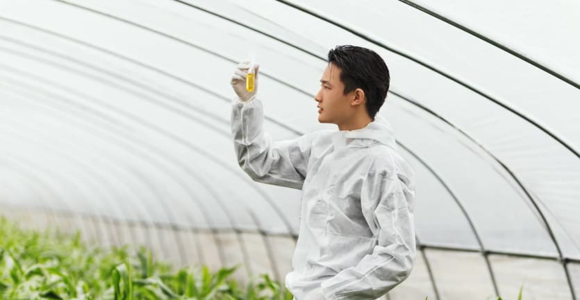 A man in a white lab coat stands in a brightly lit greenhouse and examines a test-tube filled with a yellow solution.