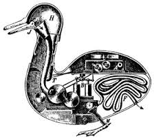Organism as Machine, digesting duck, Duck of Vaucanson, line art, black and white